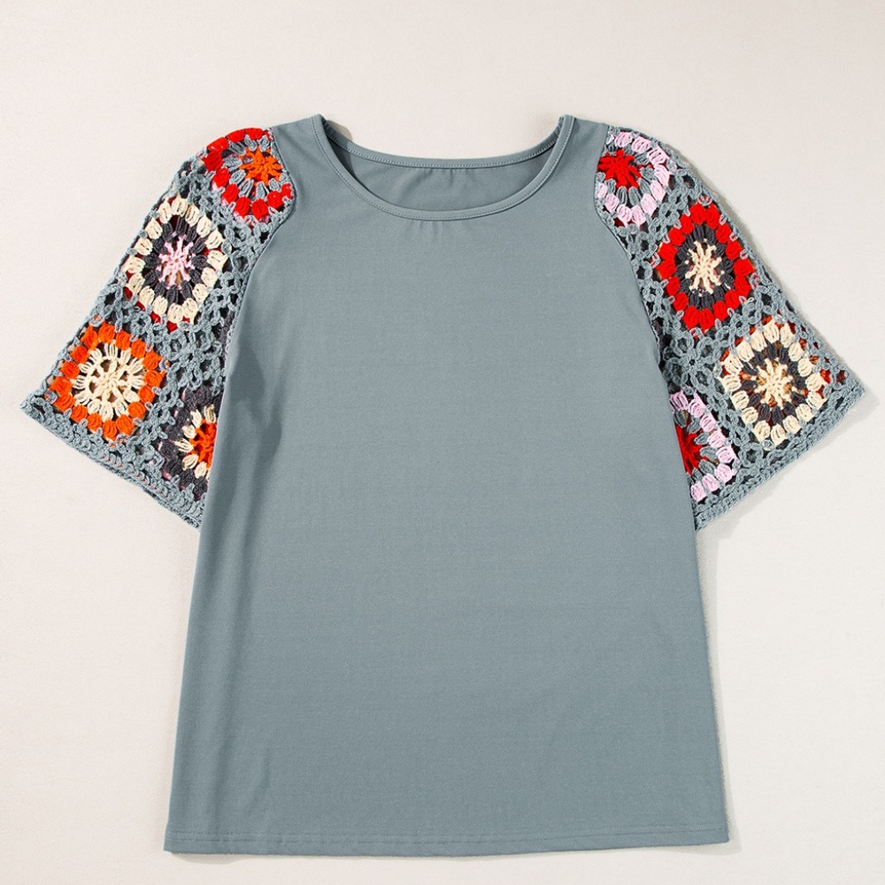 Medium Grey Floral Crochet Short Sleeve‎ Top